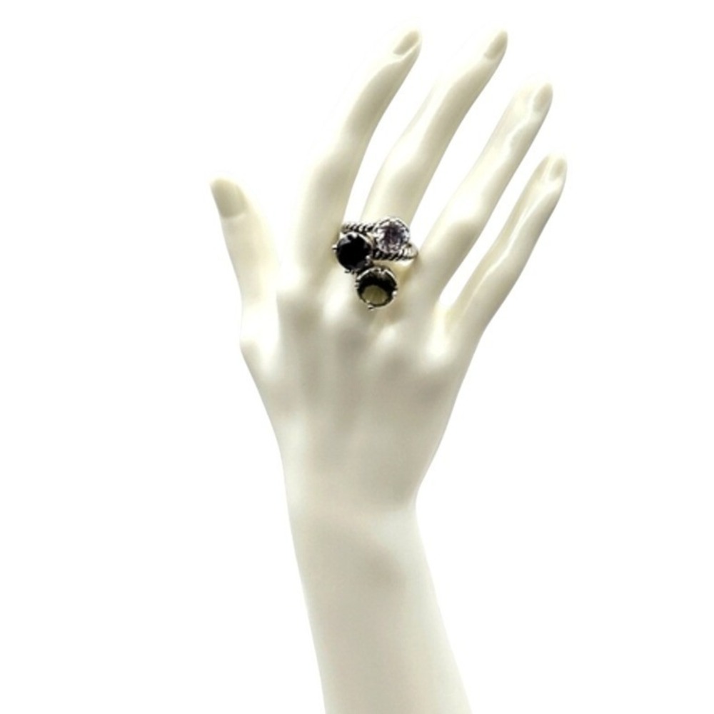 Silver‎ Tone Black and Clear Triple Stone Cluster Twisted Cable Cocktail Ring